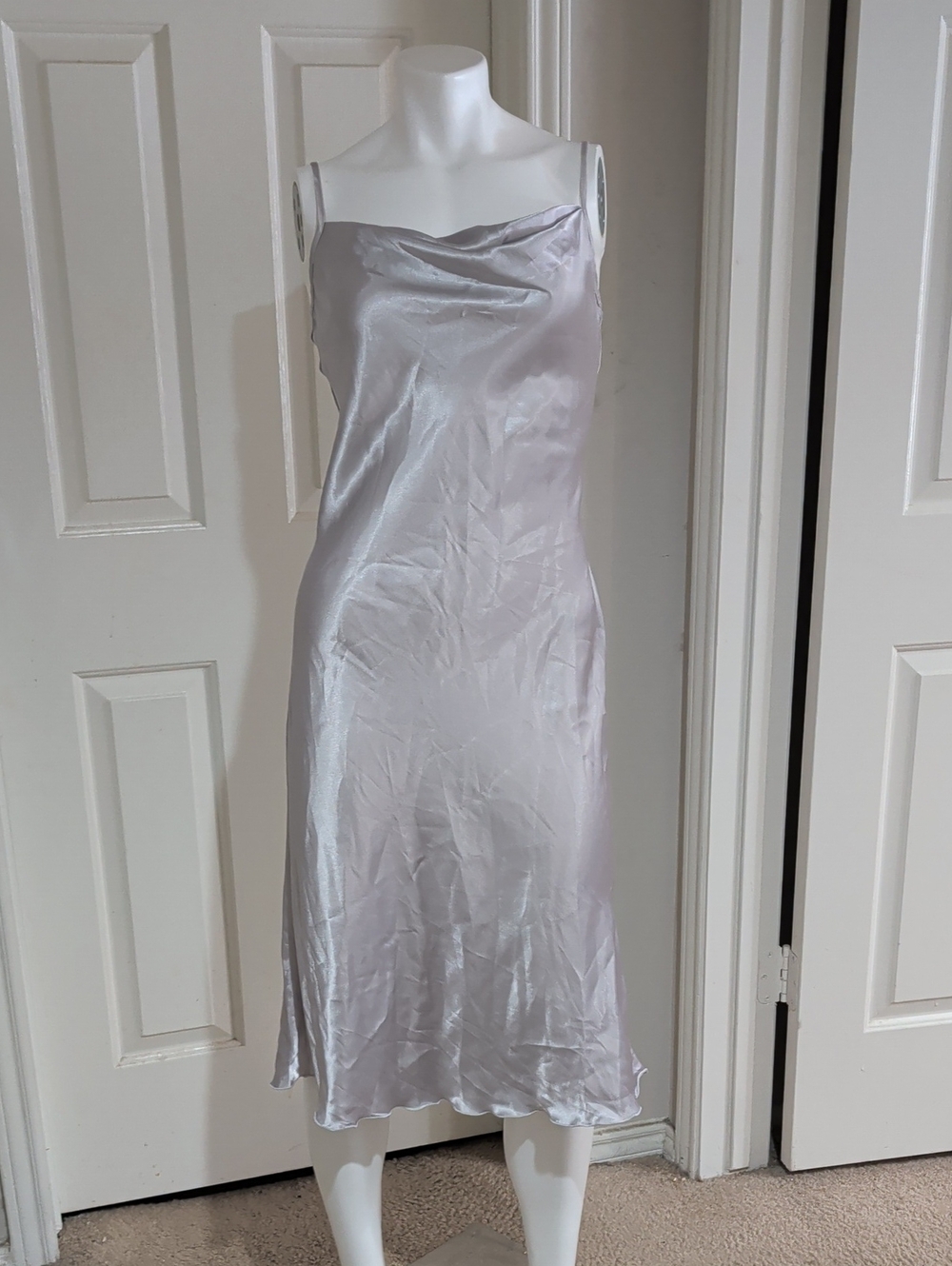 VTG bebe Silver Satin Cowl Neck Midi Slip Dress Made In USA Retro 90s Women's S